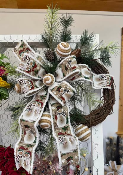 Snowman ribbon pine wreath with pinecones